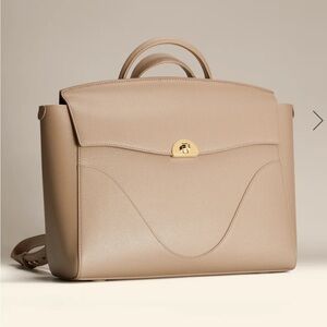 Oleada Wavia Plus Structured Beige Leather Tote Bag with Gold Hardware